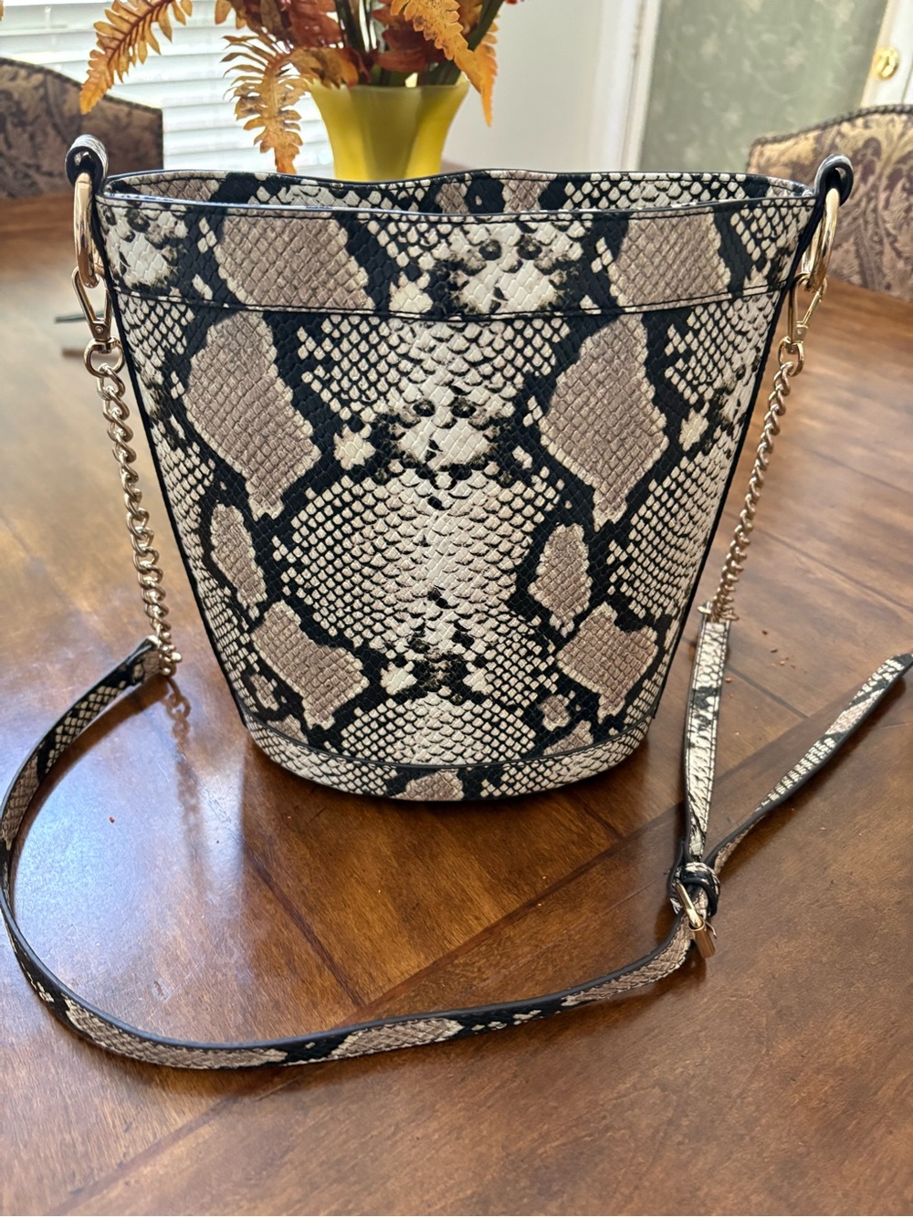 INC International Concepts Snake-Print Bucket Crossbody in Black and Cream